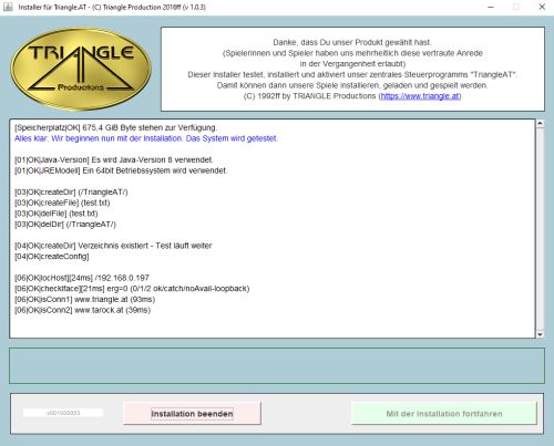 Installer, Schritt 3: Pruefprotokoll mit Speicherplatz, Java-Version und 64-Bit-System