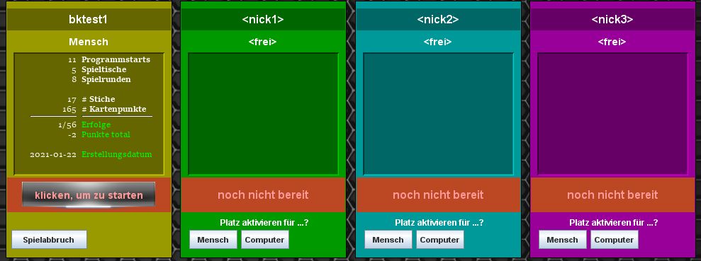 Tisch vor dem Start: vier Plaetze, je Platz waehlbar zwischen Mensch und Computer